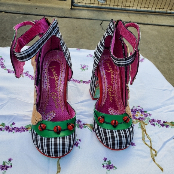 Irregular Choice Black and Pink Checkered Heels with Green Accents Ladybugs And - Picture 1 of 8
